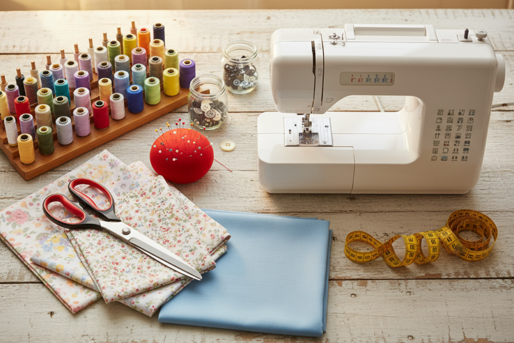 sewing machine with essential beginner supplies and fabrics