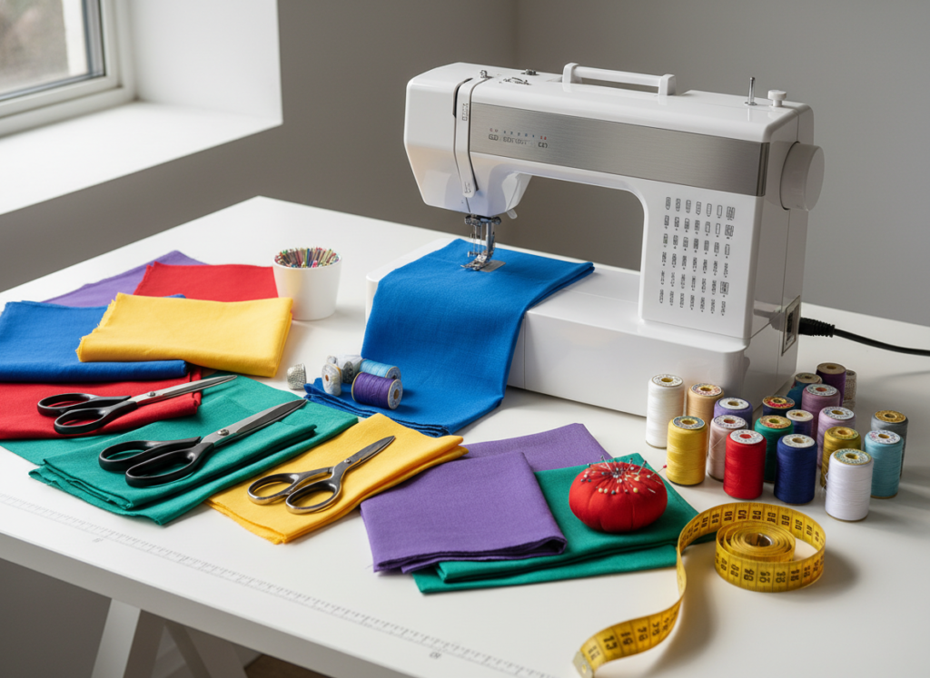 sewing machine with fabric and basic supplies