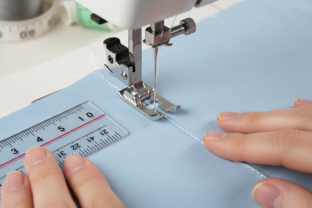 sewing machine with fabric showing straight seam