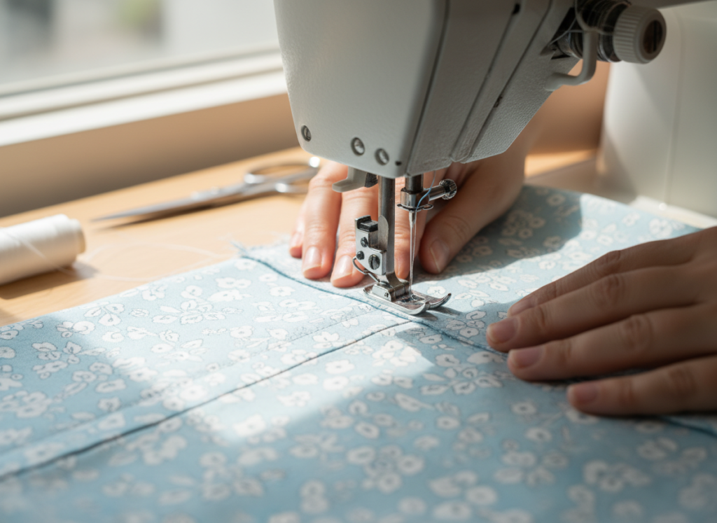 sewing machine with fabric showing straight seams