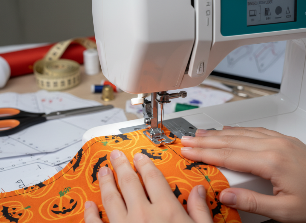 sewing machine with halloween fabric showing sewing techniques