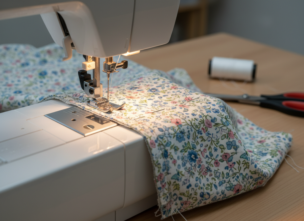 sewing machine with partially constructed top showing seam work