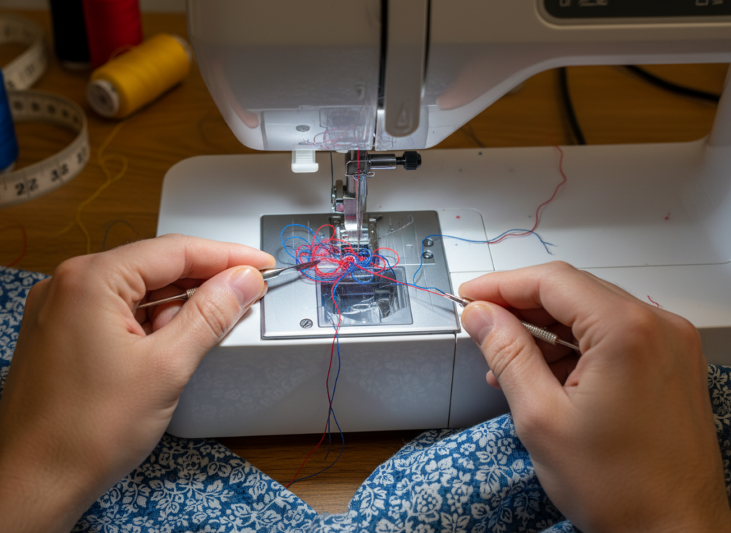 sewing machine with tangled thread underneath