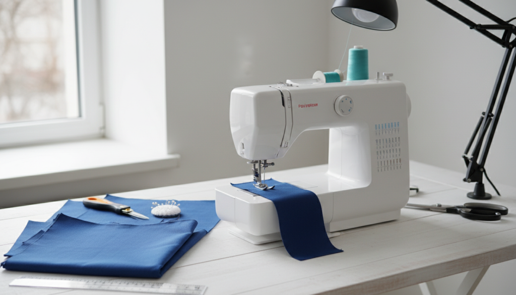 sewing machine with tote bag fabric ready to sew