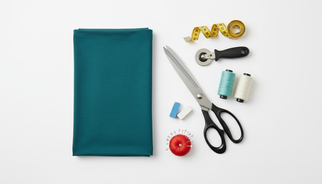 sewing materials laid out including fabric, thread, scissors, and measuring tape