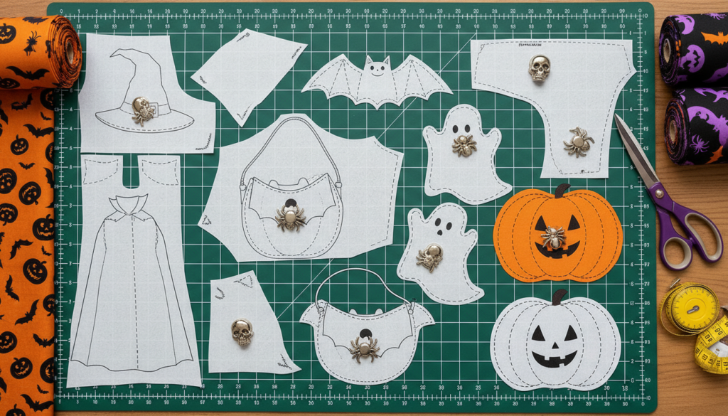 sewing pattern layouts for halloween projects spread on table