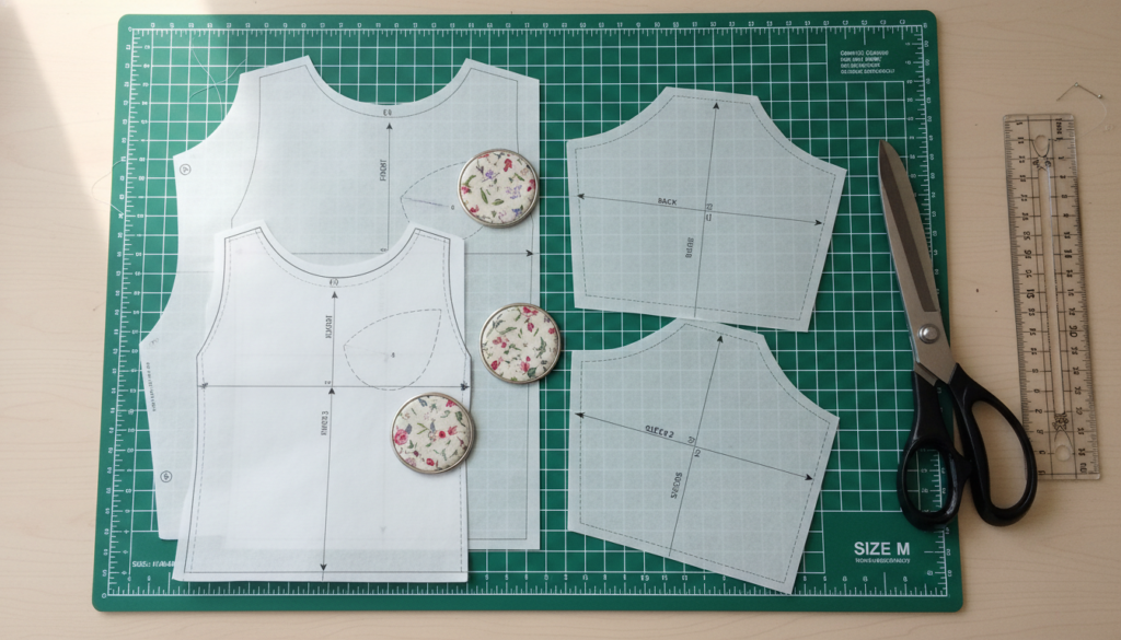 sewing pattern pieces laid out for women's top