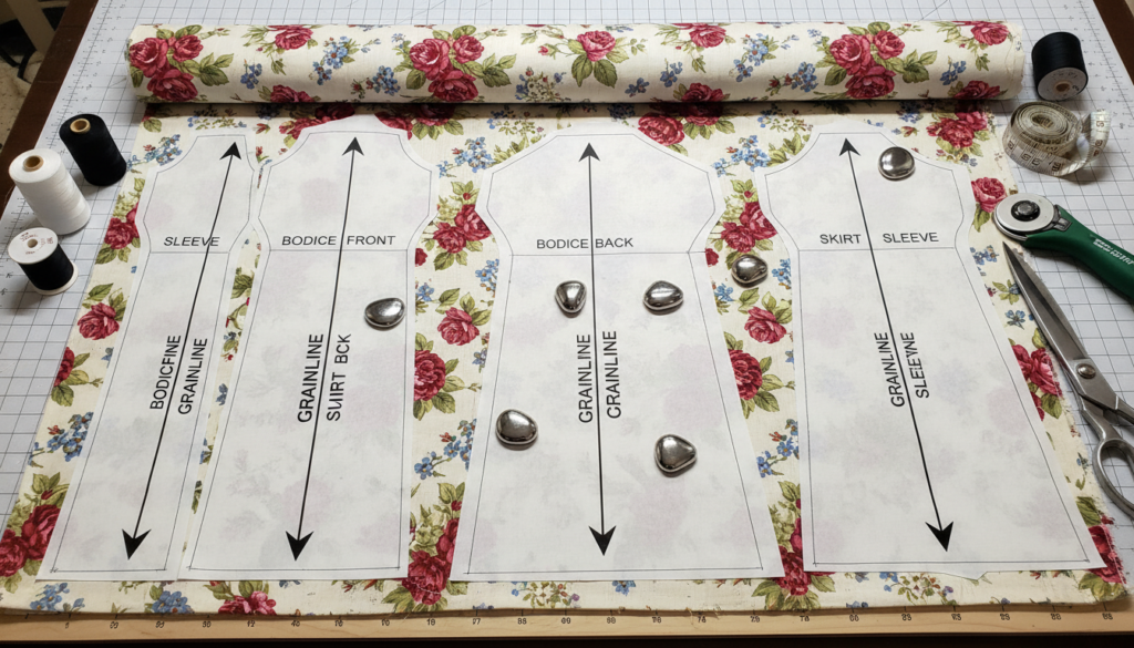 sewing pattern pieces laid out on cotton fabric