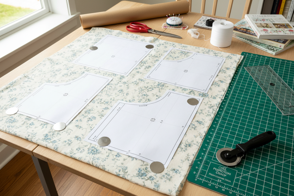 sewing pattern pieces laid out with fabric and tools