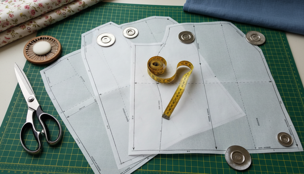 sewing pattern pieces laid out with measurement tools