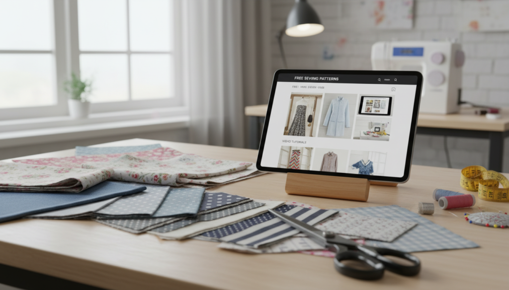 sewing patterns and tutorials displayed on tablet screen