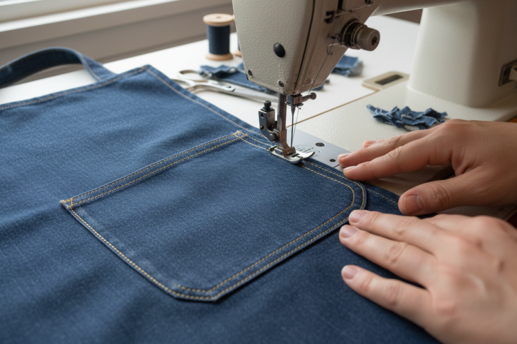 sewing pocket onto apron fabric