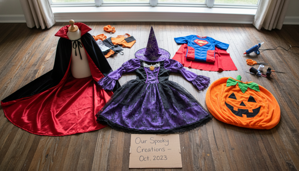 sewing projects collection showing various halloween costumes laid out flat