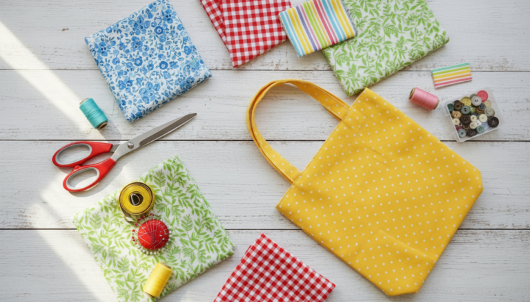 sewing projects for beginners bag with colorful fabrics and basic sewing supplies