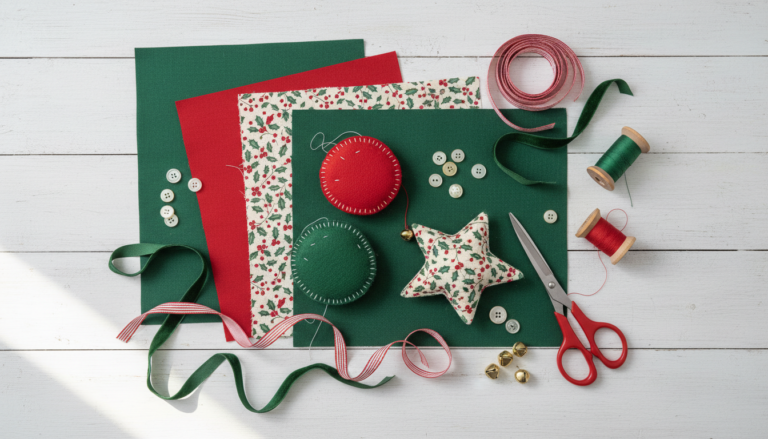 sewing projects for beginners christmas featuring colorful festive fabrics and simple handmade ornaments