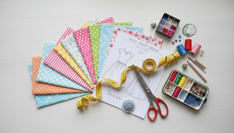 sewing projects for beginners clothing with fabric samples and simple dress patterns laid out on table