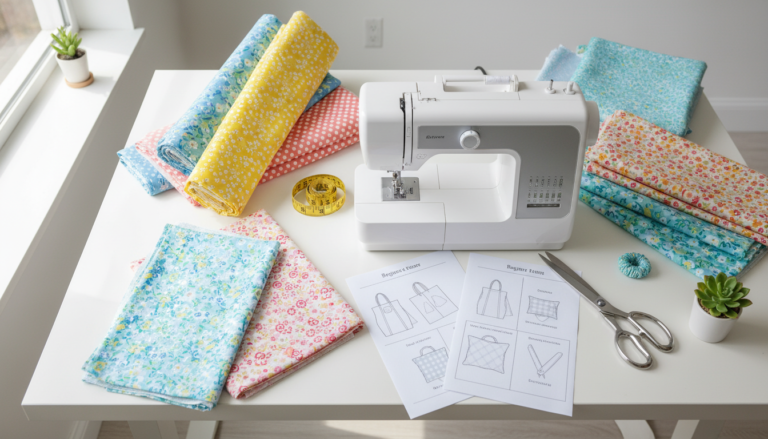 sewing projects for beginners machine setup with colorful fabrics and simple patterns