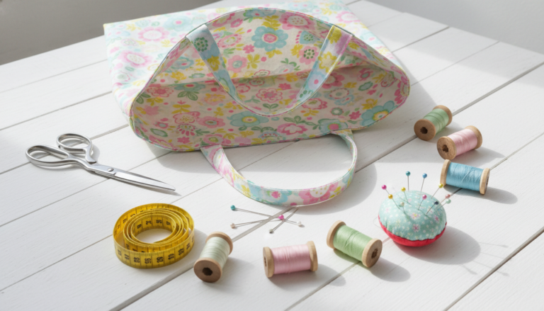 sewing projects for beginners tote bag with colorful fabric and basic supplies