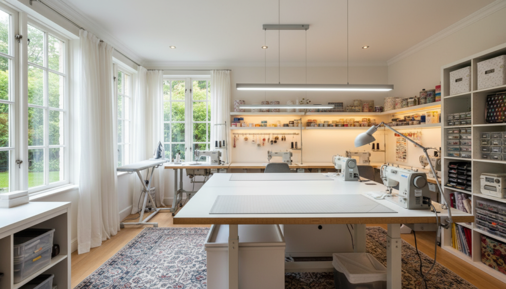 sewing room with multiple light sources including natural window light and task lighting