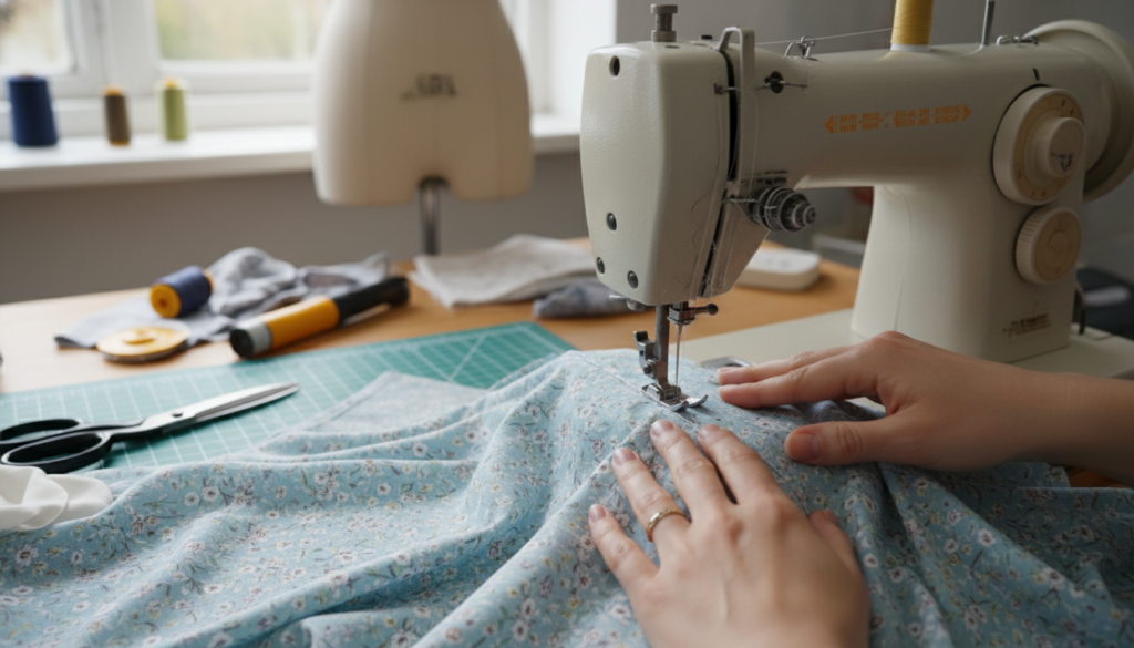 sewing side seam of handmade top on machine