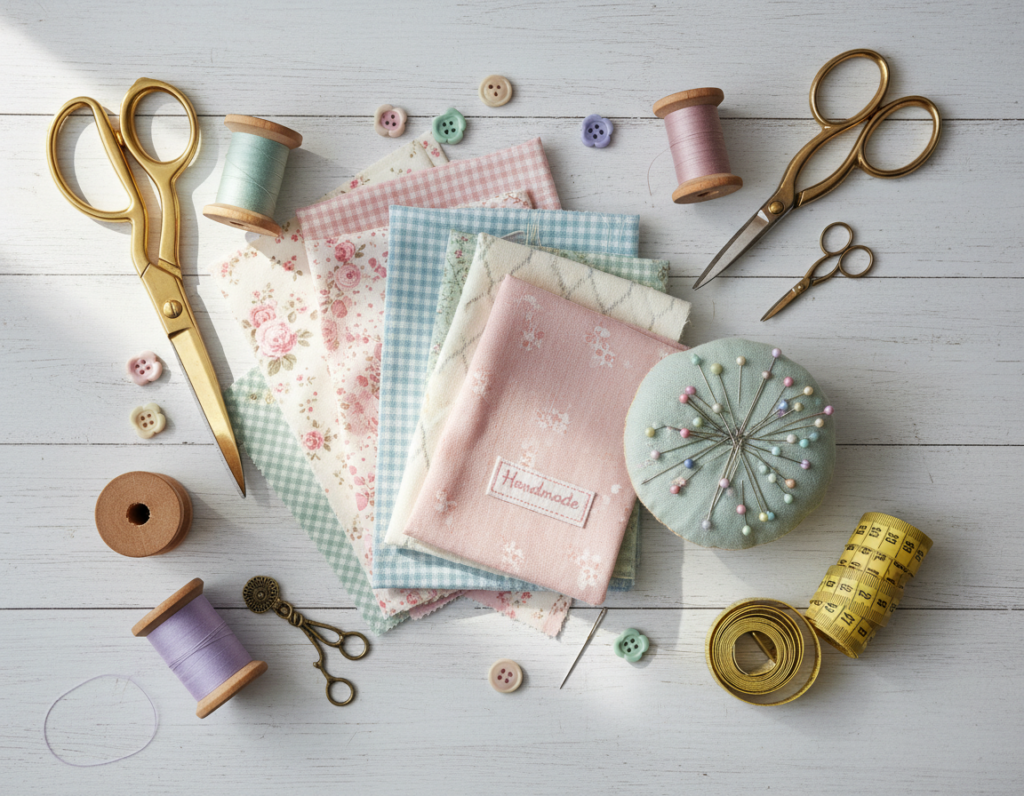sewing supplies and materials for beginner projects organized aesthetically