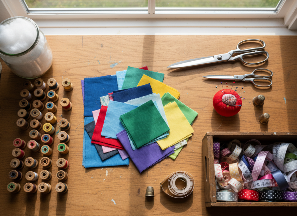 sewing supplies and scrap fabrics arranged for Christmas ornament projects