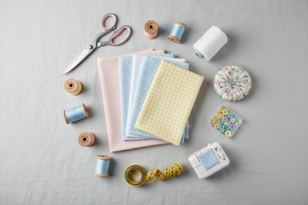 sewing supplies for baby projects including fabric and thread