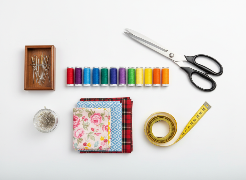 sewing supplies for barbie clothes including thread, needles, and fabric