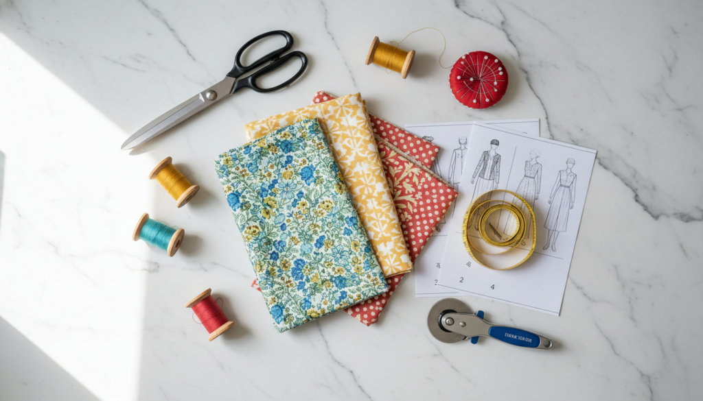 sewing supplies including fabric, thread, scissors, and pattern for easy Christmas gifts