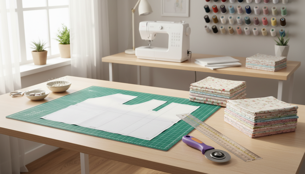 sewing workspace showing organized fabric, patterns, and tools for beginner projects