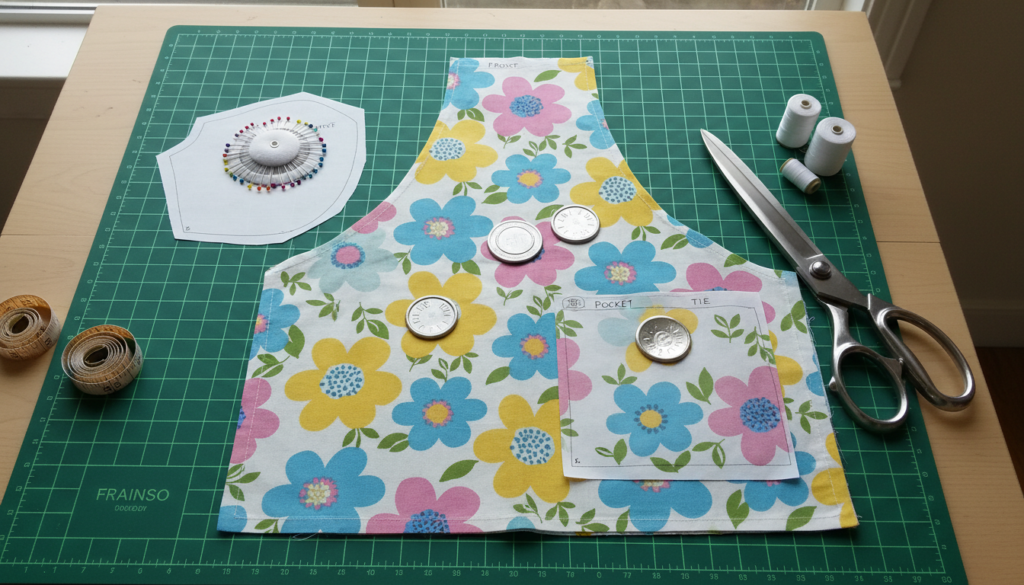 simple apron pattern pieces arranged on fabric