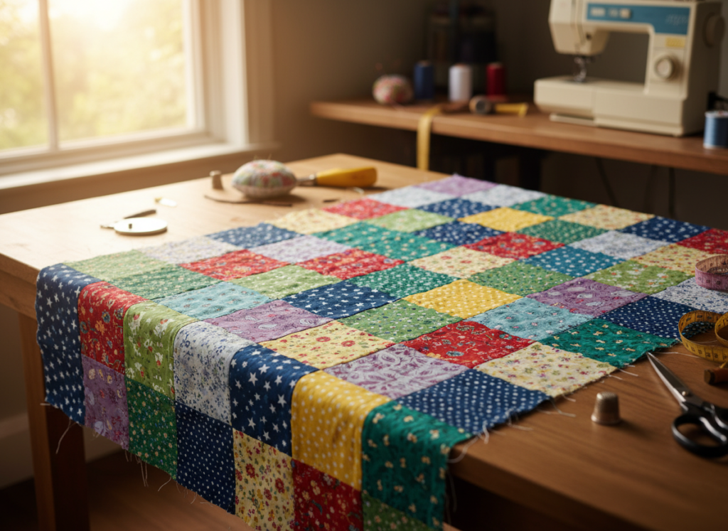 simple patchwork fabric piece in progress