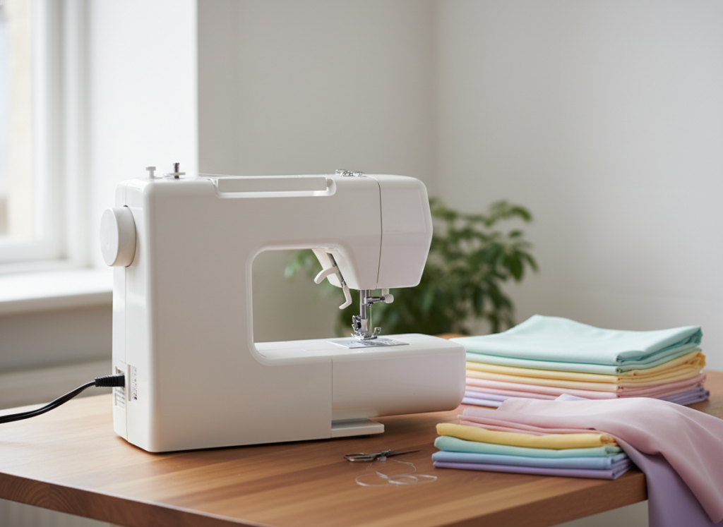 simple sewing machine on table with beginner-friendly fabric