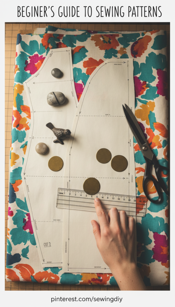 simple sewing pattern pieces laid out fabric