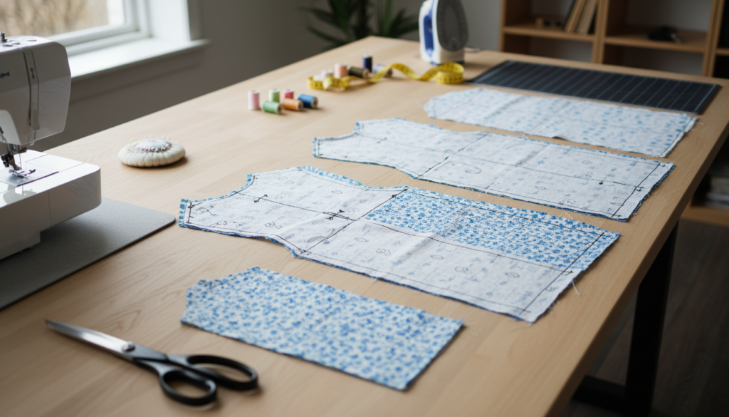 simple shift dress pattern pieces arranged for sewing