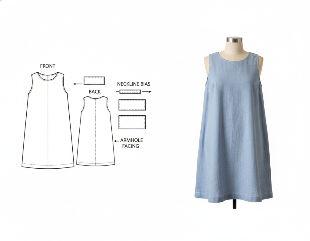 simple shift dress pattern sketch and finished garment