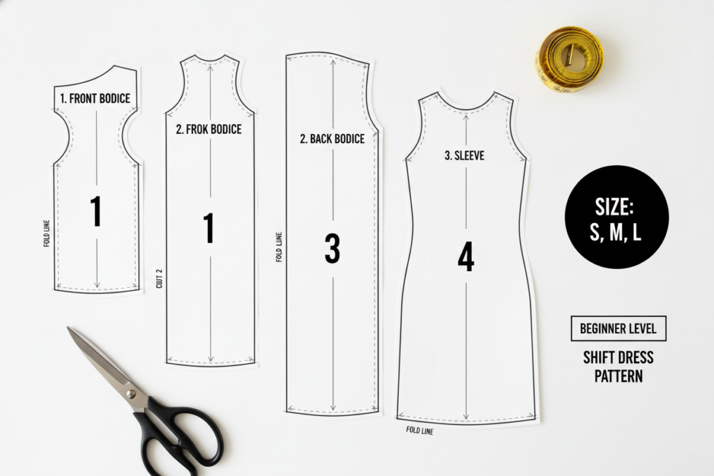 simple shift dress sewing pattern layout showing pattern pieces