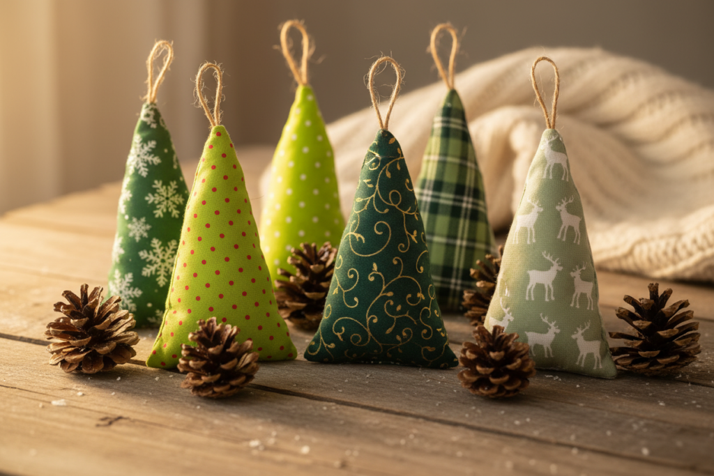 small fabric christmas trees in various green prints standing on wooden surface