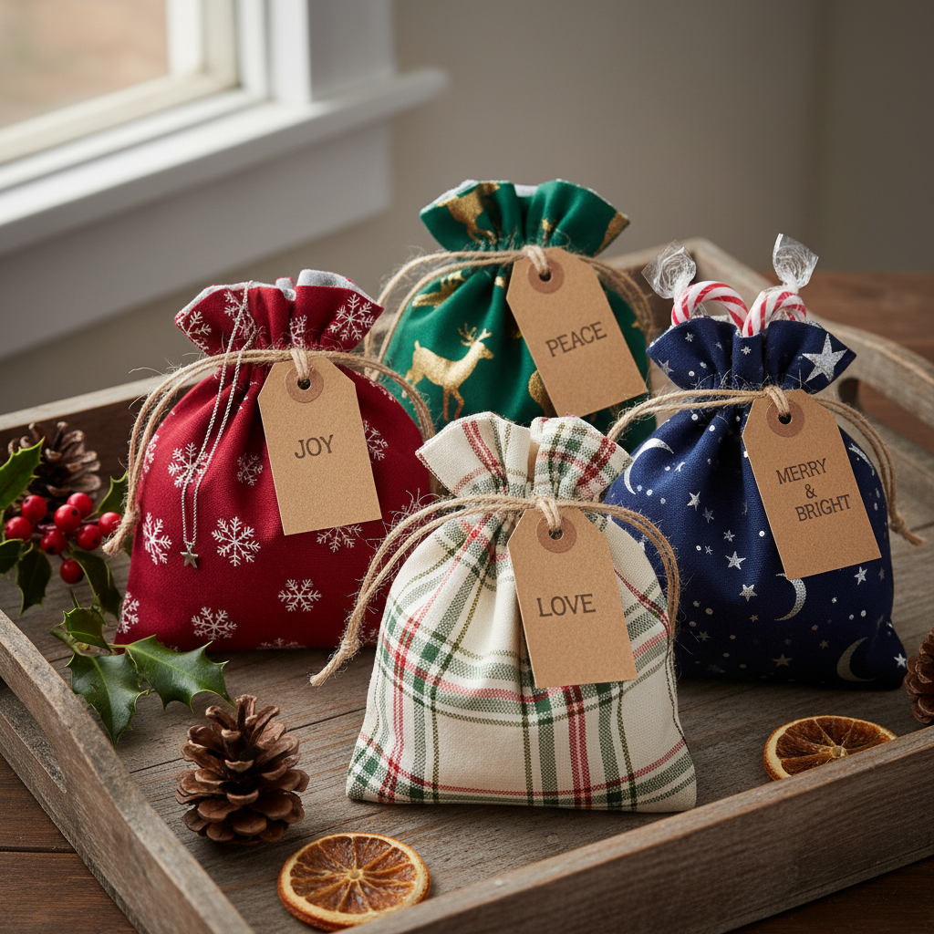 small fabric gift pouches with handmade gift tags attached