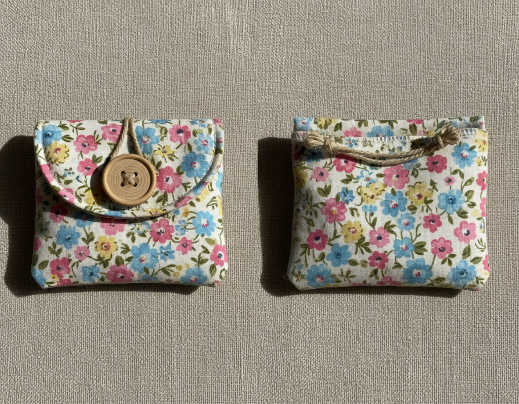 small fabric pouch with button closure made from scraps