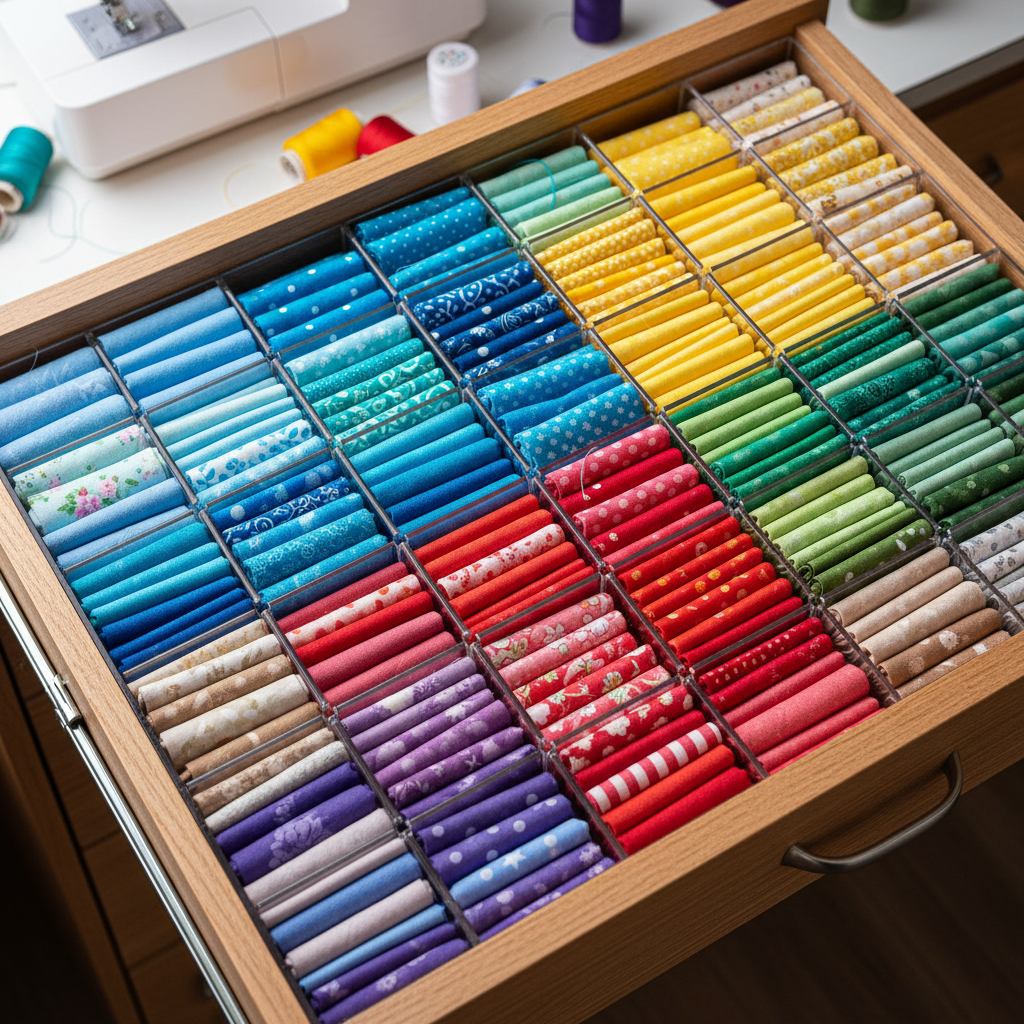 small fabric scraps organized in drawer dividers by color