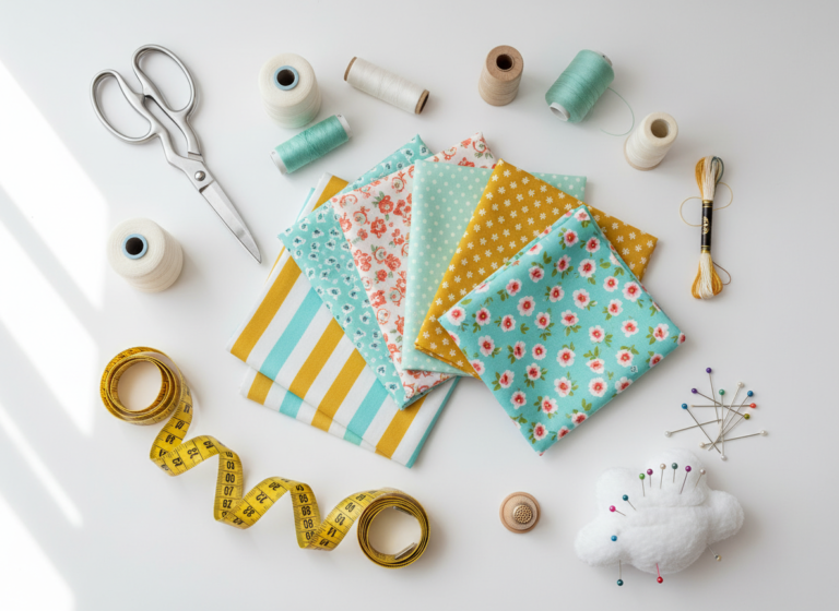 small sewing projects for beginners workspace with colorful fabrics and basic supplies