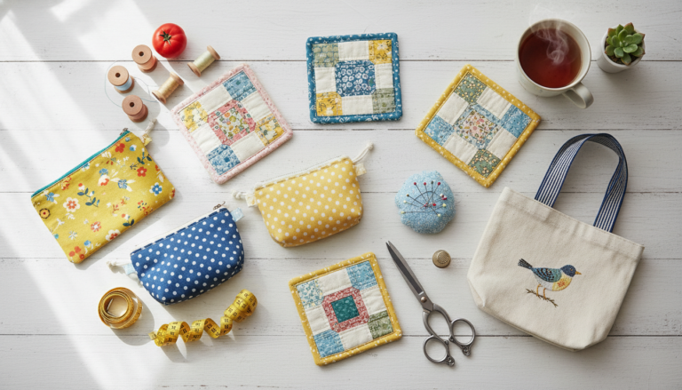 small sewing projects gifts for friends displayed on crafting table