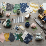 small sewing projects using scrap fabric arranged on a wooden table