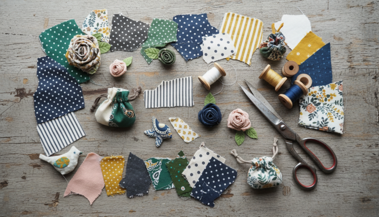 small sewing projects using scrap fabric arranged on a wooden table