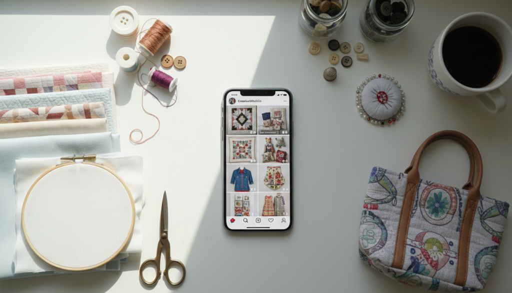 smartphone showing social media posts of handmade sewing products with engagement
