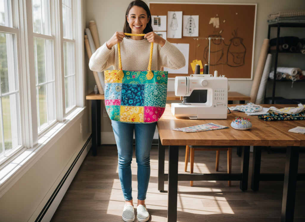 smiling woman holding handmade fabric tote bag