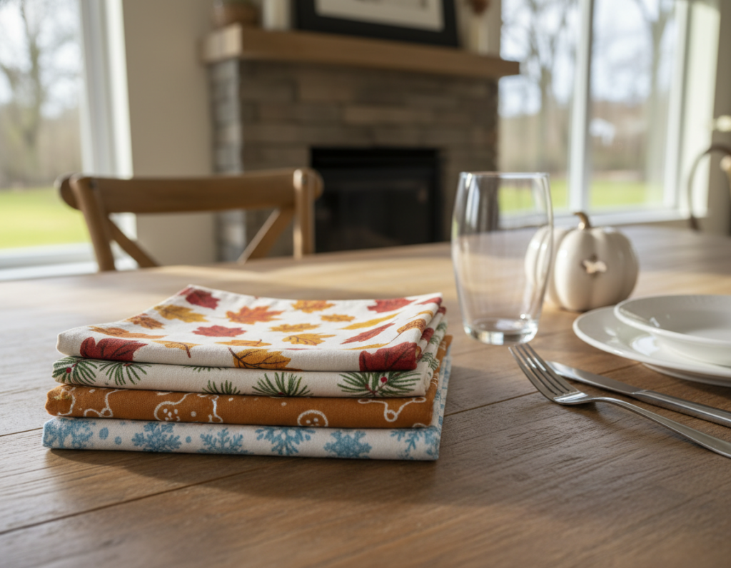 stack of colorful cloth napkins with place setting