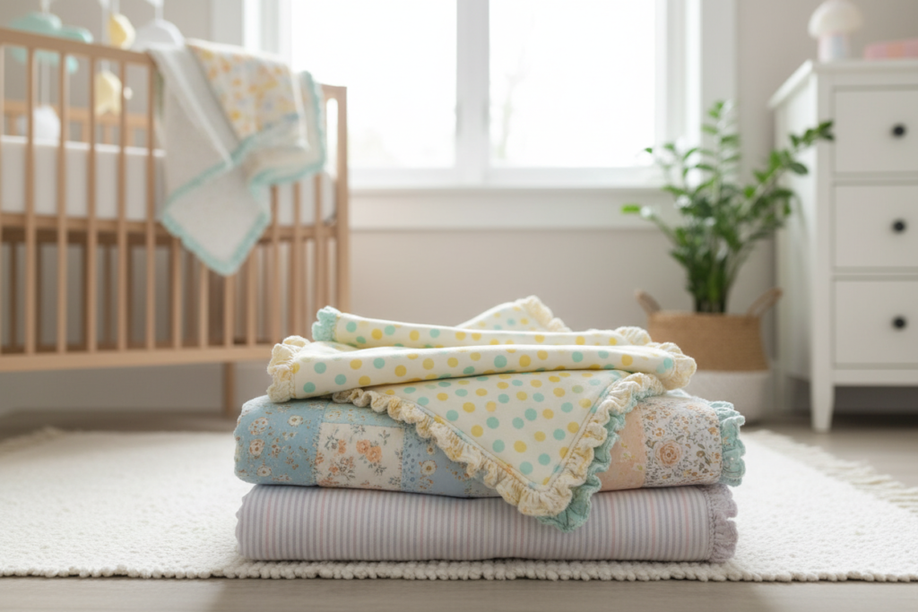 stack of colorful handmade baby blankets