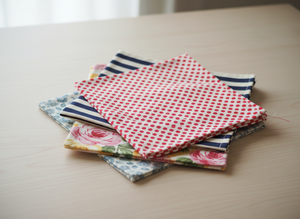 stack of handmade cloth napkins in various patterns showing beginner sewing project stack of handmade cloth napkins in various patterns showing beginner sewing project